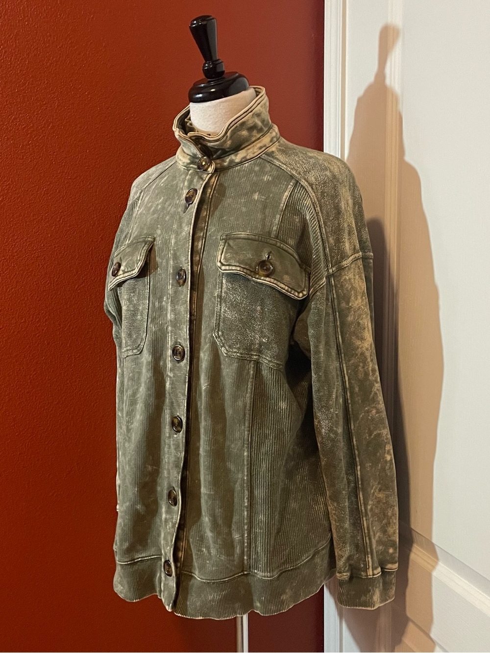 Pilcro Anthropologie Women’s Relaxed Distressed Moss Acid Wash Shacket Jacket